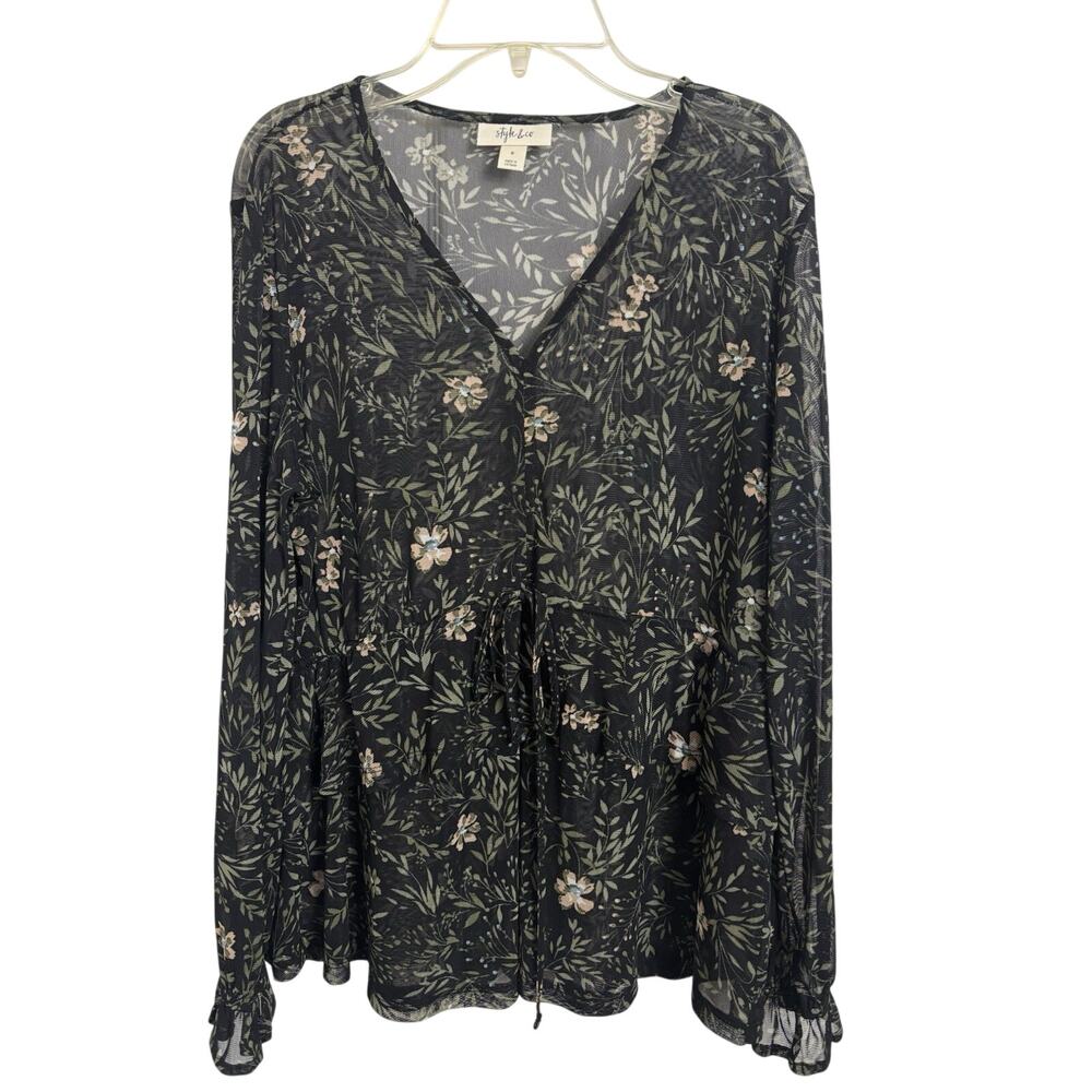 Sheer Black Floral V-Neck Long Sleeve Dark Romance Fairy Grunge Ethereal Small